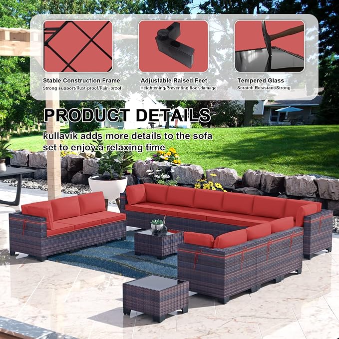 Kullavik 14 Pieces Outdoor Patio Furniture Set, Sectional Rattan Sofa Set Brown - Image 4
