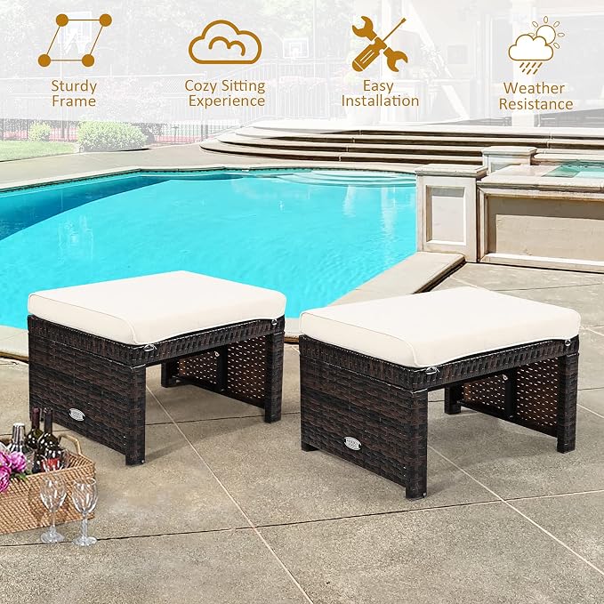Tangkula 2 Pieces Patio Rattan Ottomans, All Weather Outdoor Footstool Footrest - Image 8