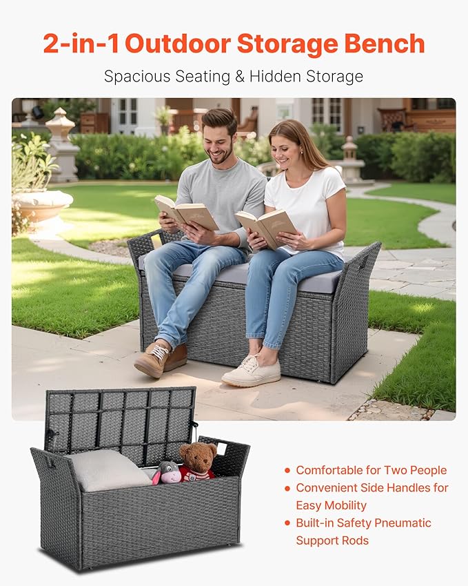 VEVOR Outdoor Storage Bench, 2-Person PE Rattan Storage Bench, 40 Gal Deck Box - Image 4