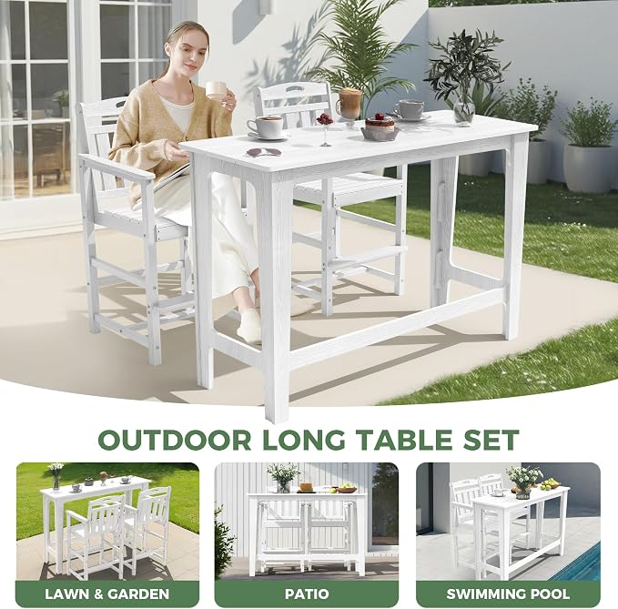 Outdoor Patio Bar Height Table and Tall Adirondack Chairs Set of 2, All-Weather - Image 8