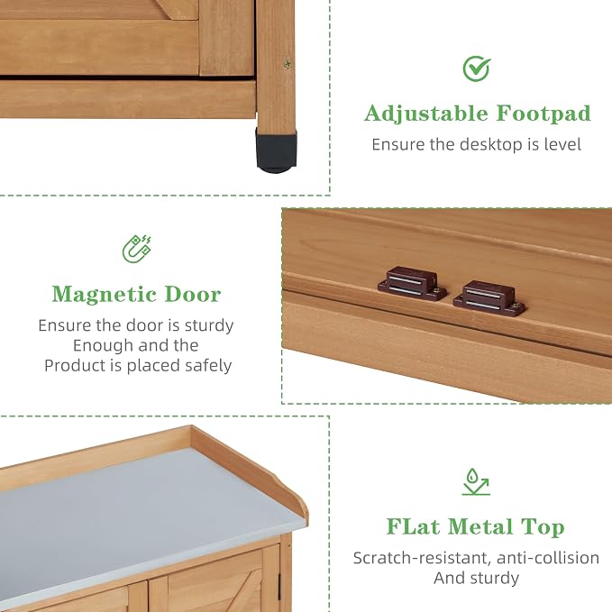 Outdoor Potting Bench with Storage Cabinet and Metal Top, Wood Workstation - Image 5
