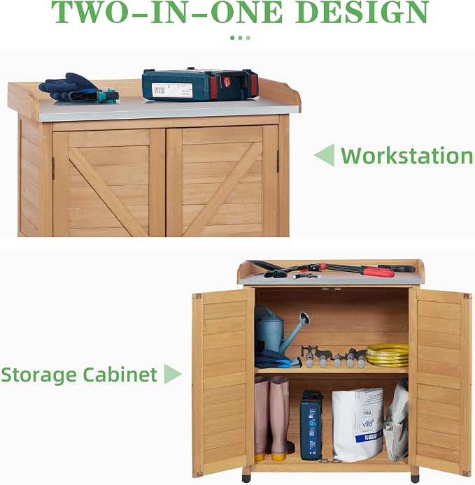 Outdoor Potting Bench with Storage Cabinet and Metal Top, Wood Workstation - Image 6