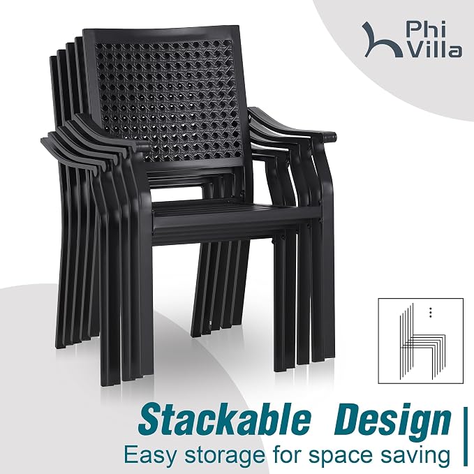 PHI VILLA 7 Pieces Outdoor Set for 6, 65” Wood-Like Metal Steel Dining Table & - Image 7