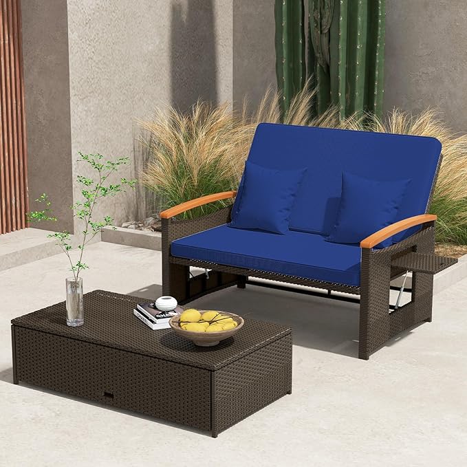 LDAILY Moccha Outdoor Wicker Daybed, Patio Rattan Loveseat Sofa w/ 4-Level - Image 3