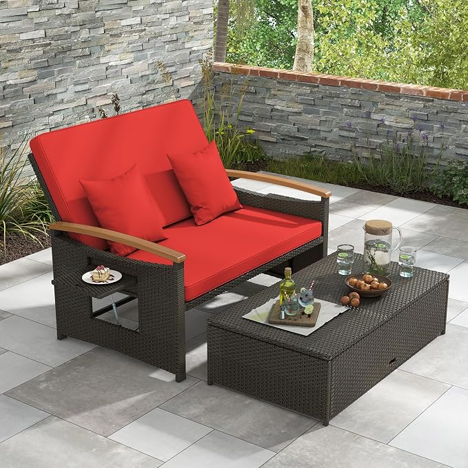 LDAILY Moccha Outdoor Wicker Daybed, Patio Rattan Loveseat Sofa w/ 4-Level - Image 3