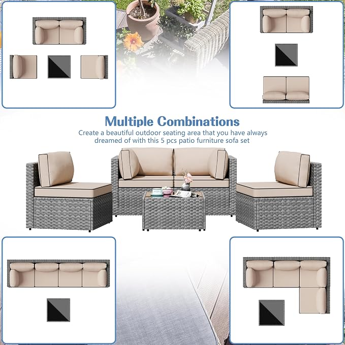 Shintenchi 5 Pieces Outdoor Patio Furniture Sets, Patio Sectional Sofa Couch - Image 4