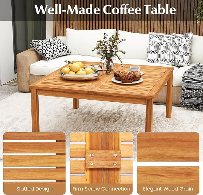 Tangkula Patio Wood Coffee Table, Solid Acacia Wood 35.5 Inches Side Table - Image 7