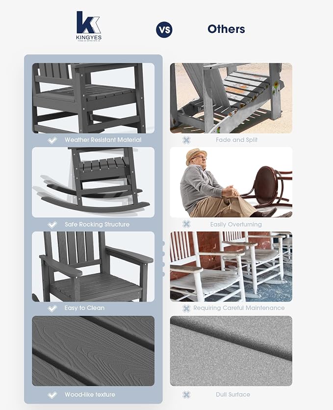 KINGYES Outdoor Rocking Chairs, HDPE All-Weather Patio Rocking Chairs High Back - Image 5