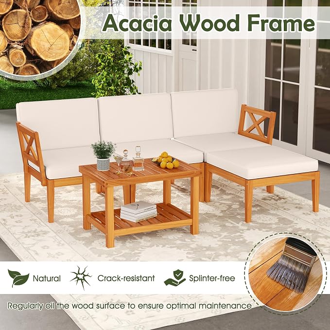 Tangkula L Shaped Outdoor Furniture Set, 5 Pieces Acacia Wood Patio - Image 5