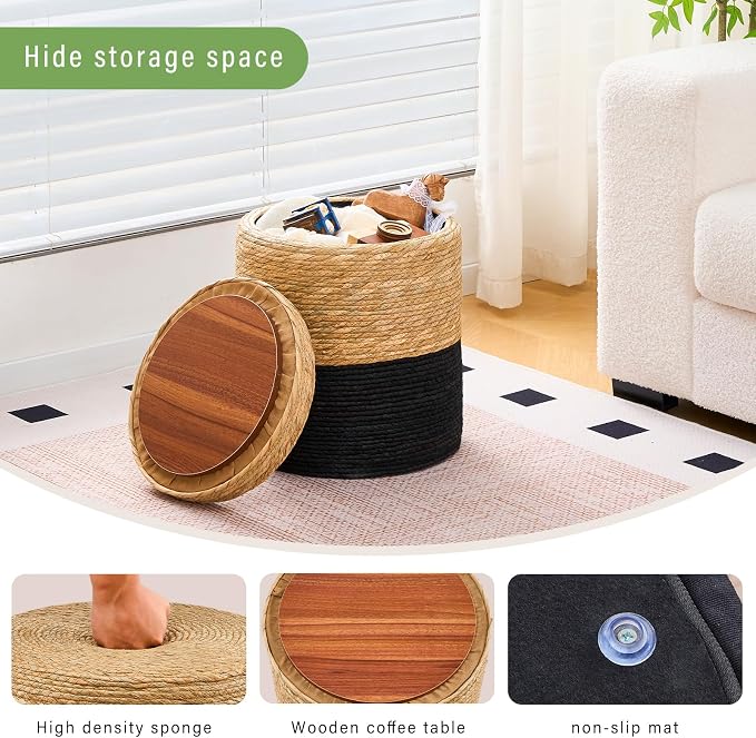 Wimarsbon Round Pouf Ottomans, Handwoven Natural Water Hyacinth Seagrass Pouffe - Image 6