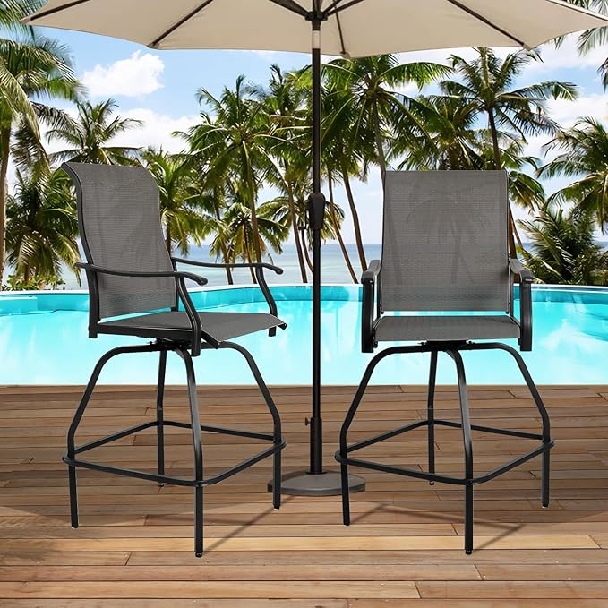 LEVELEVE Patio Bar Set 2pcs Swivel Bar Stools Outdoor Bistro Textilene - Image 7