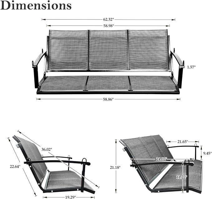 Textilene 3 Seat Hanging Swing, 5.2FT Patio Bench Swing, 660lbs Heavy Duty - Image 7