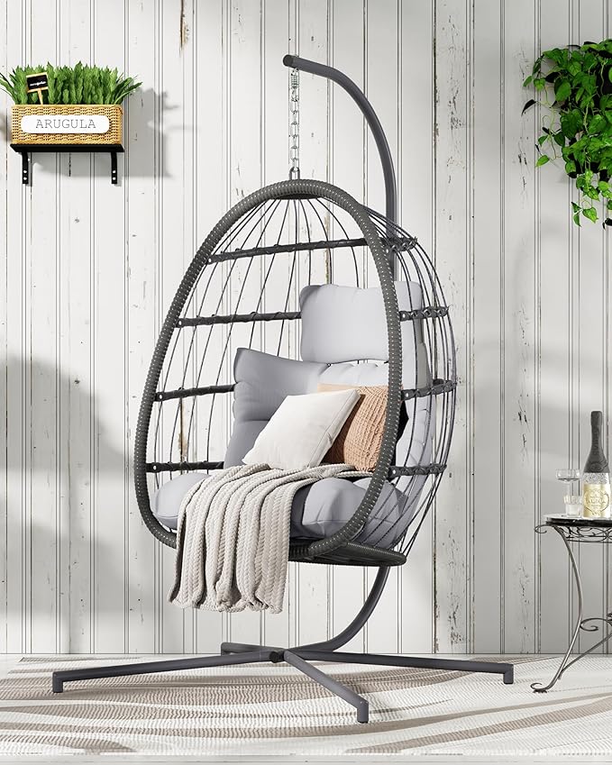 FREDEES Egg Swing Chair with Stand, Outdoor Hanging Egg Chair with Cushion by FREDEES