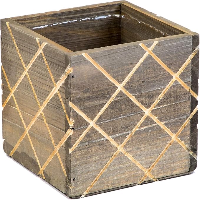 Wood Planter Box with Diamond Cross Hatch Style, 5 Inch Square, Rustic Barn Wood - Image 2