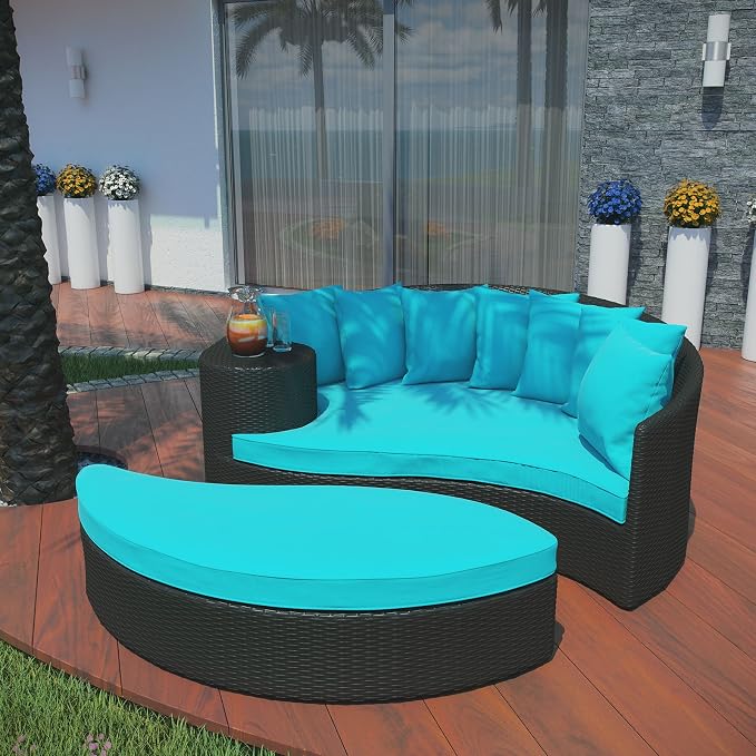 Modway Taiji Wicker Rattan Outdoor Patio Sectional Daybed in Espresso Turquoise - Image 5