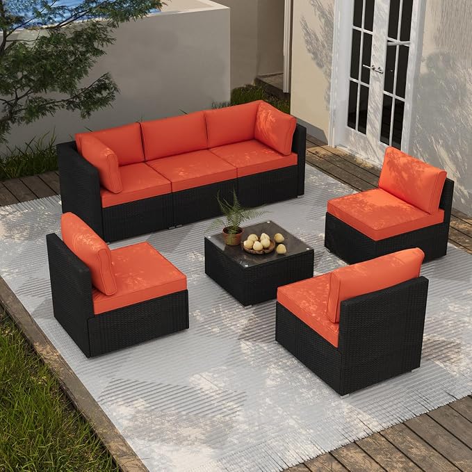 7 Piece Outdoor Patio Furniture Sets, Outdoor Wicker Conversatin Set w Glass - Image 7