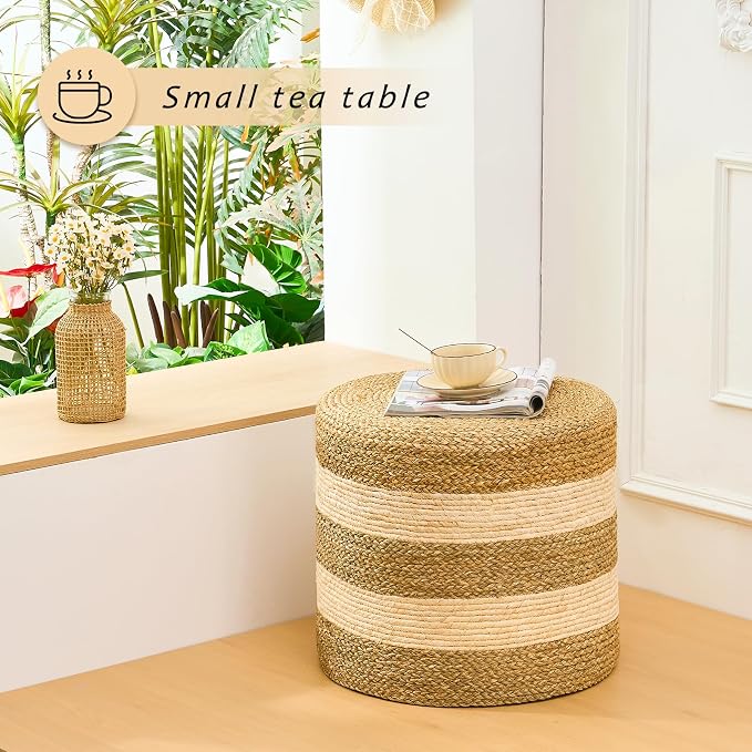Handwoven Ottoman Pouf, Natural Seagrass Footstool, Round Braided Outdoor Seat - Image 4