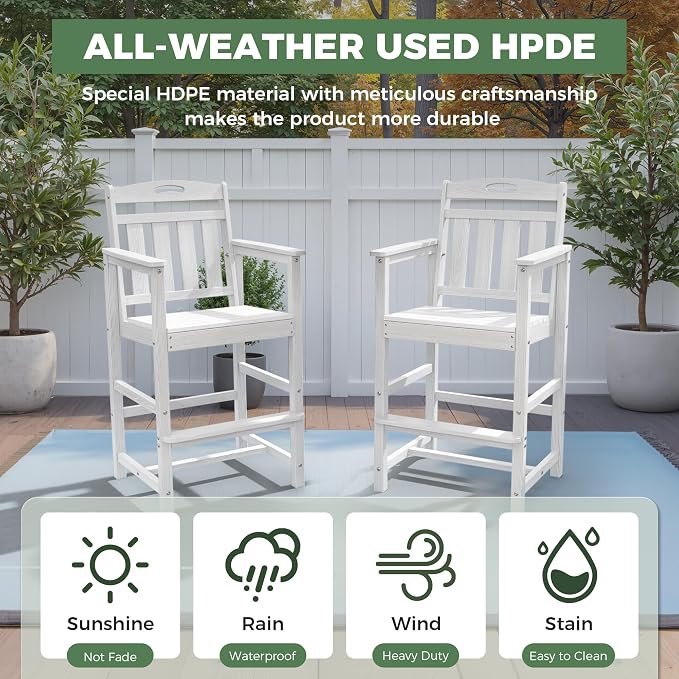 HDPE Outdoor Patio Tall Bar Chair, All-Weather Bar Height Balcony Adirondack - Image 2