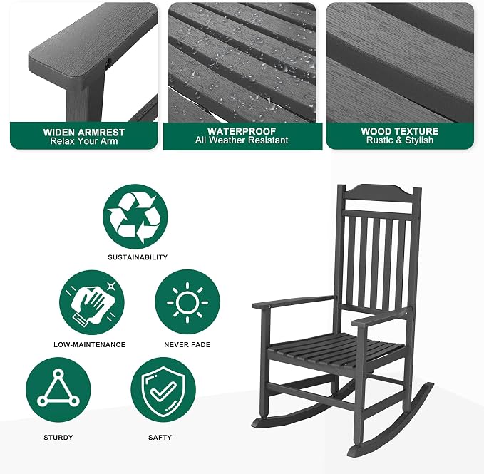 Patio Rocking Chair Outdoor Set of 4, Weather Resistant Poly Resin Oversized - Image 5
