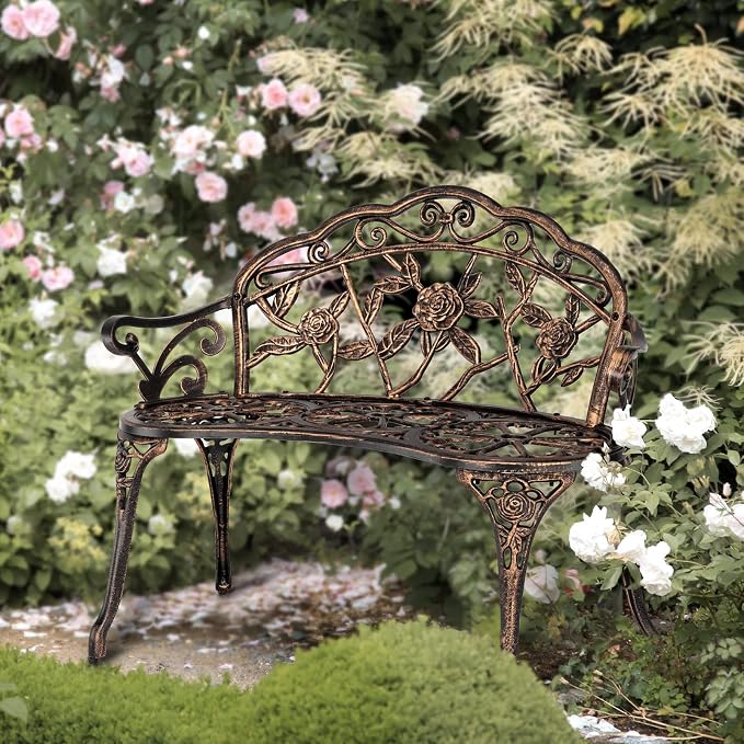 VINGLI 38.5" Patio Park Garden Outdoor Metal Rose Bench, 2-Person Cast Iron - Image 7