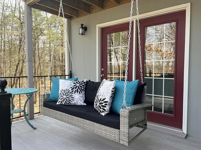 YITAHOME 3-Seats Wicker Hanging Porch Swing Chair Outdoor Gray Rattan Patio - Image 2