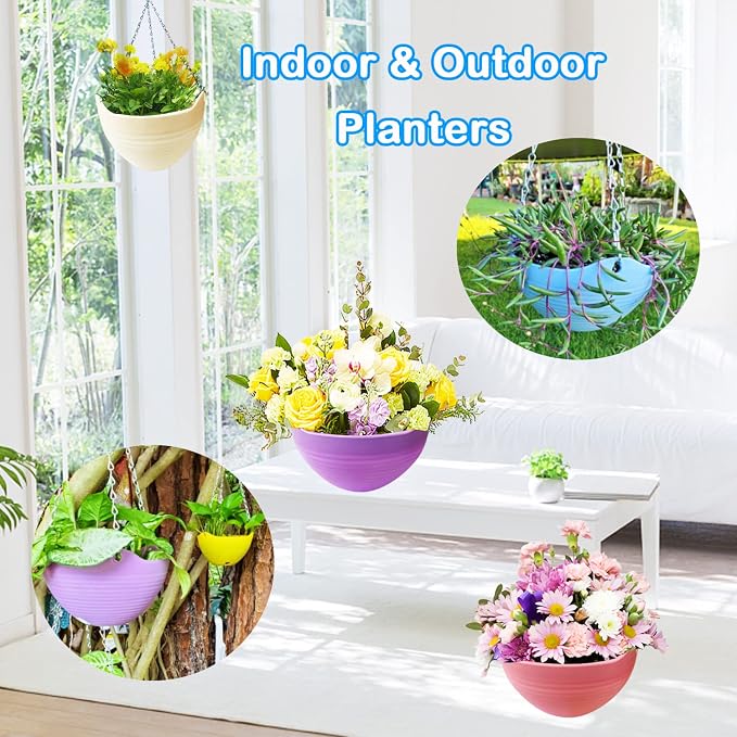 7 Pack 8 Inch Plastic Self-Watering Hanging Planters, Colorful Garden Flower - Image 4