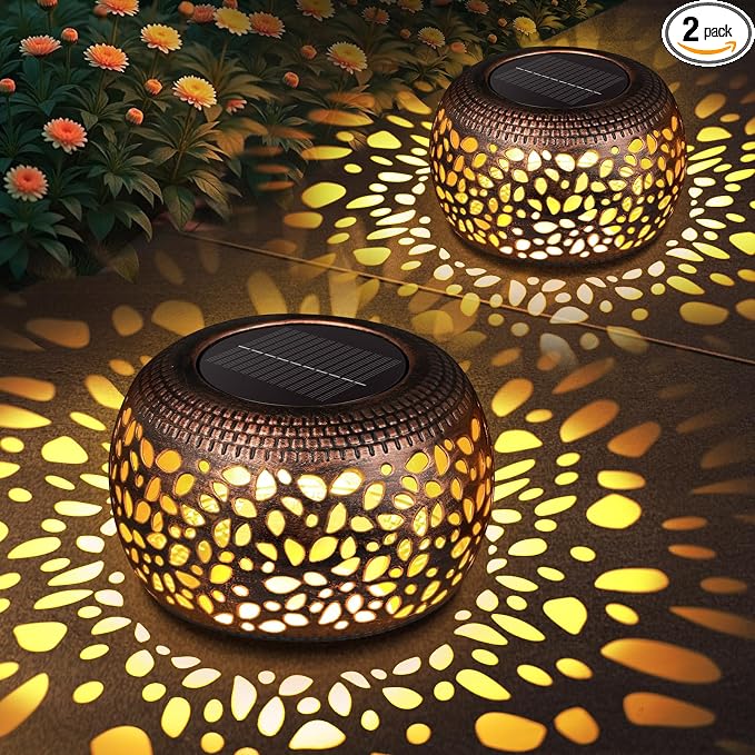 Solar Lanterns Outdoor Waterproof Decor: 2 Pack Red Copper Hollow Out Retro by NFEVER