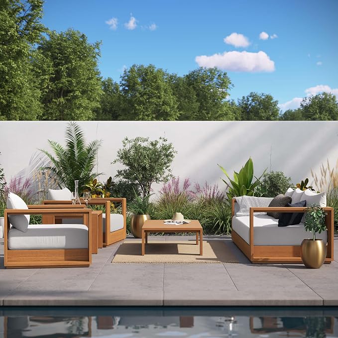 Modway Tahoe Acacia Wood 5-Piece Outdoor Patio Furniture Set in Natural Light - Image 2