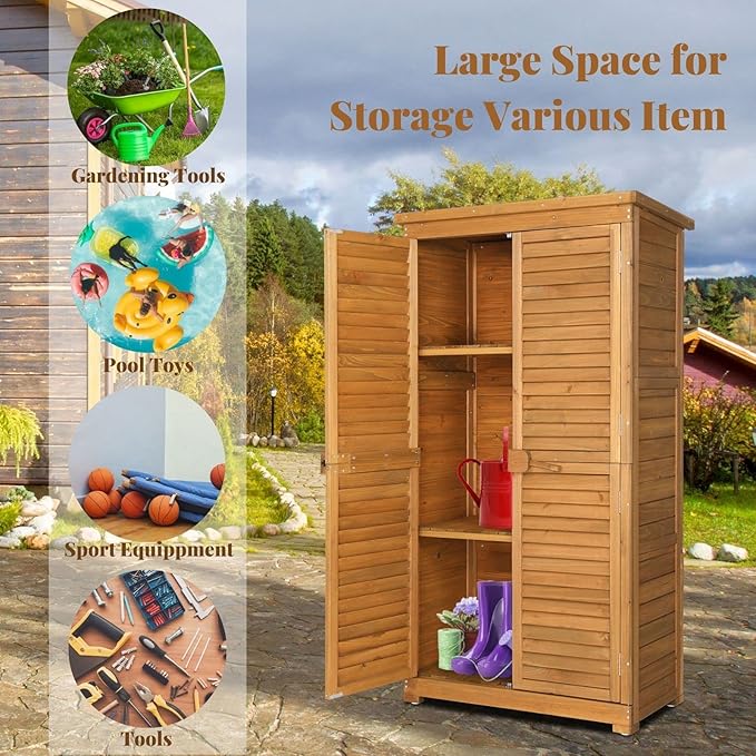 Outvita Outdoor Storage Cabinet, 63in Wooden Garden Tools Shed - Image 5