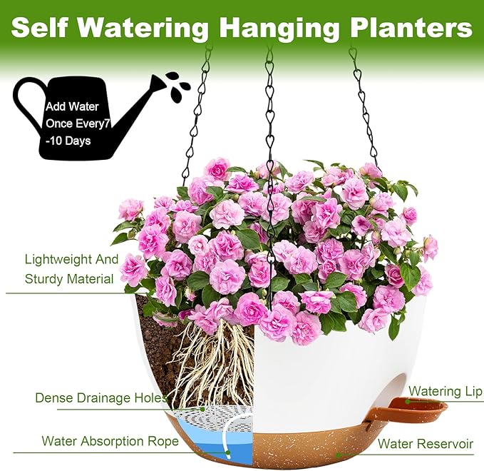 10 inch Hanging Planters for Indoor Plants, 3 Pack Self-Watering Hanging - Image 5