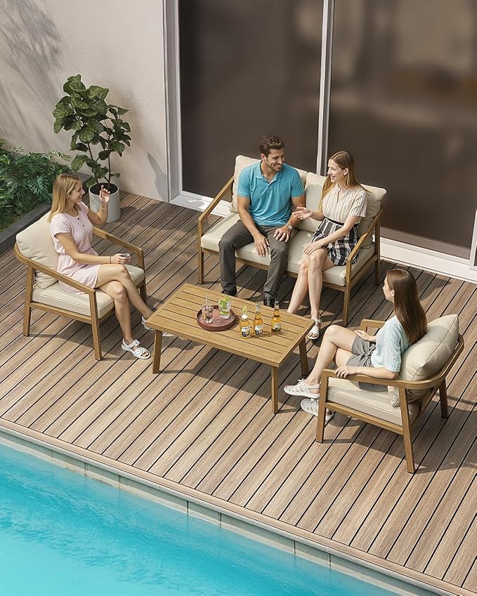 Teak Outdoor Patio Loveseat, Never-Rust Aluminum Outdoor Loveseat Couch - Image 2