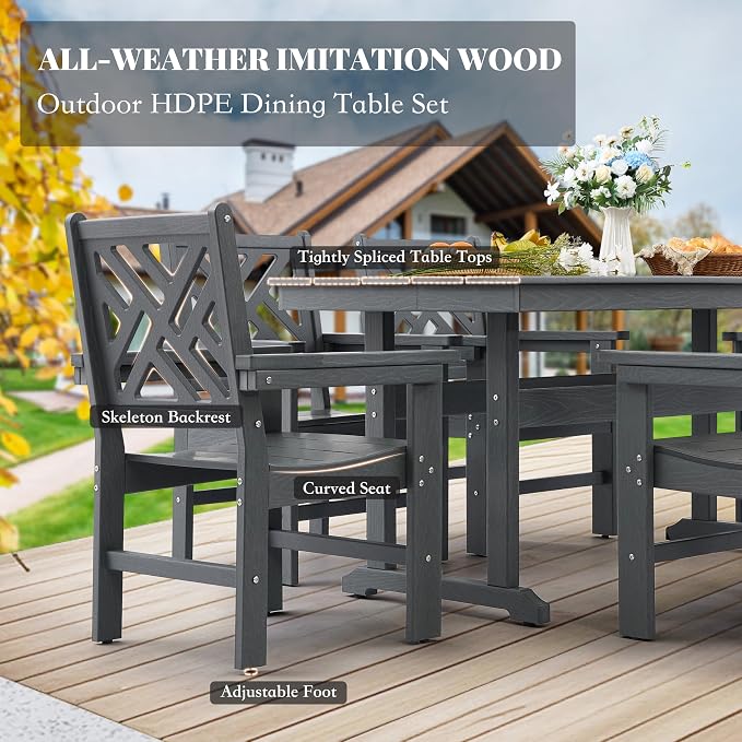 HDPE Dining Table Set for 6, 7-Piece Outdoor Table and Chairs Include 6 Dining - Image 2