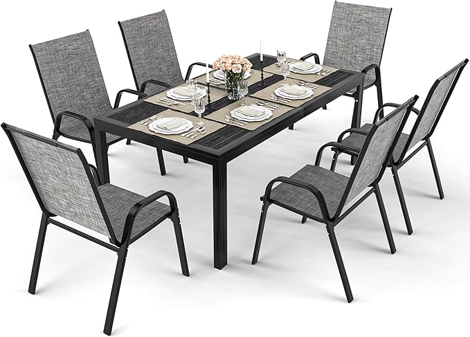 Pamapic Outdoor Dining Sets for 6, Rectangular Steel Slat Table - Image 2