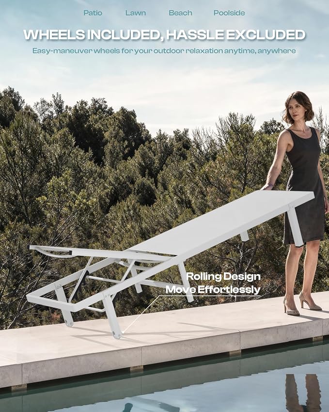 Lounge Chair Outdoor with Wheels, Aluminum Patio Chaise Lounge Chair with 5 - Image 3