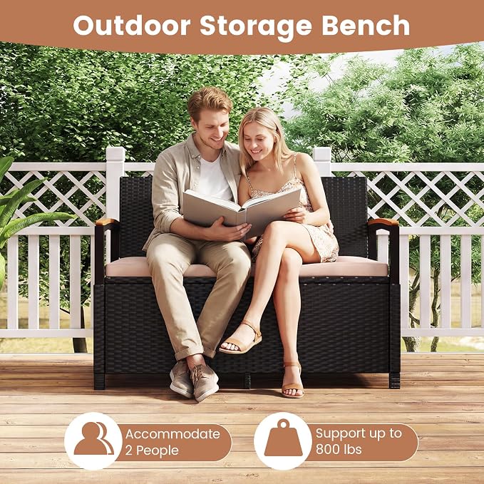 RELAX4LIFE Wicker Outdoor Storage Bench, Rattan Deck Box w/Protective Liner - Image 7