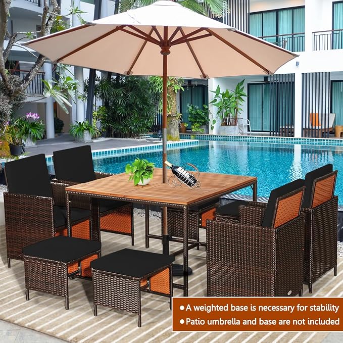 Tangkula 9 Pieces Acacia Wood Patio Dining Set, Space Saving Wicker Chairs and - Image 2