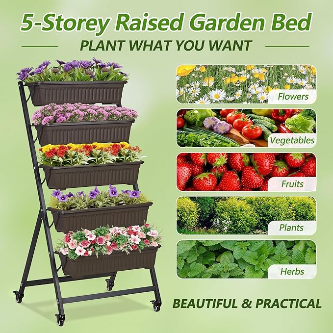 VECELO 5-Tier Vertical Garden Bed, Freestanding Elevated Raised Garden Planter - Image 8