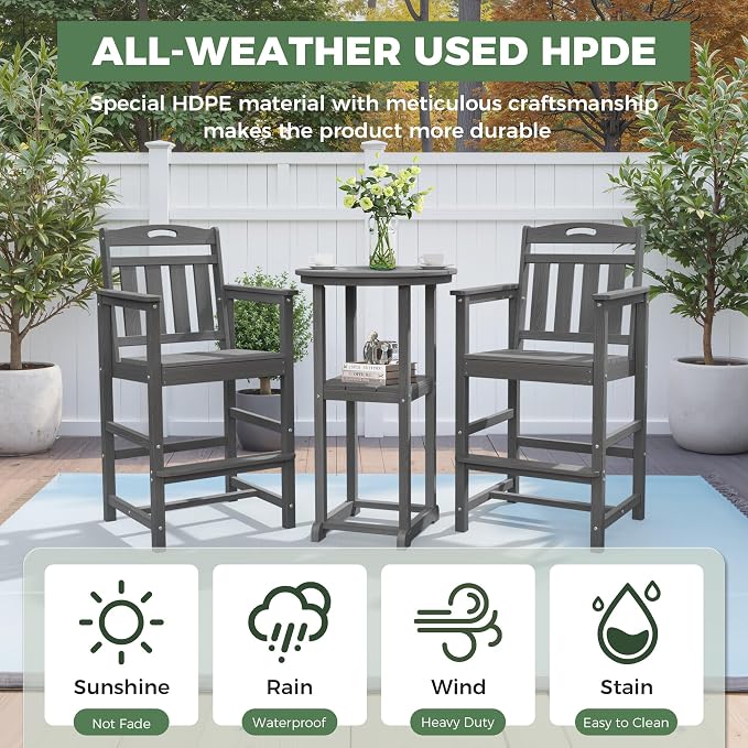 Outdoor Bistro Bar Set, Patio High Top Table and Bar Height Tall Adirondack - Image 3