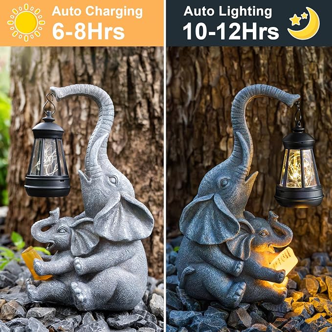 Solar Garden Statue Lights Loving Elephants Figurine - Image 3