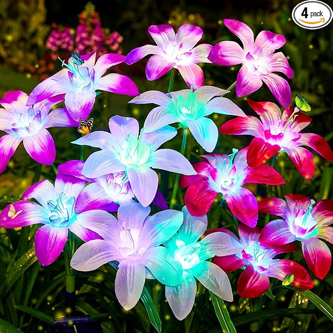 Solar Garden Lights Outdoor, 4 Pack Blooming Lily Solar Flowers Outdoor by AHAORIGIN