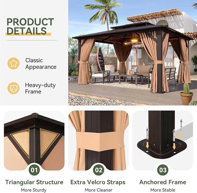 Aoxun 12'x10' Hardtop Gazebo, Aluminum Frame Permanent Pavilion - Image 6