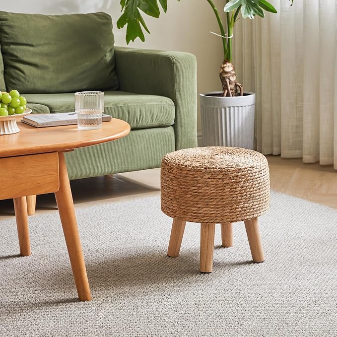 YMYNY Foot Stool Natural Seagrass Hand Weave, 12.6" Small Ottoman, Round - Image 4