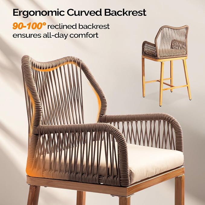 VINGLI Outdoor Counter Height Bar Stools Set of 2, Rattan Outdoor Barstools - Image 6