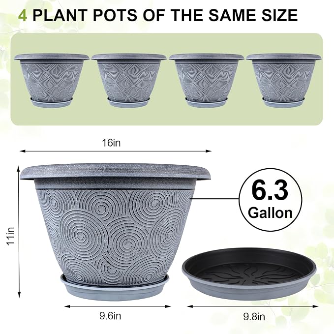 16 Inch Large Planter Pot for Plants Indoor Outdoor, 4 Pack Plastic Flower Pots - Image 4