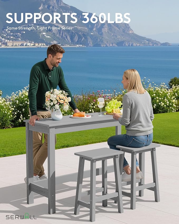 SERWALL 3-Piece Outdoor Bar Set, Rectangular All Weather HDPE Bar Height Patio - Image 5
