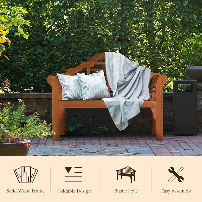 COSTWAY Folding Wooden Bench Outdoor, Crown-Like High Backrest, Patio - Image 5