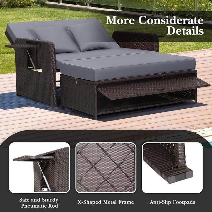 LDAILY Moccha Outdoor Daybed, Wicker Loveseat Sofa Set - Image 3