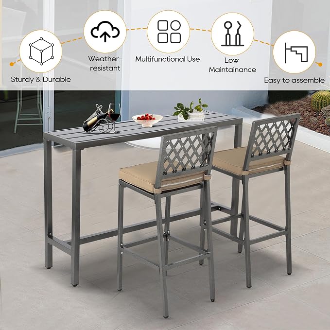 3-Piece Outdoor Patio Bar Set, Bar Height Patio Dining Set, Weather-Resistant - Image 2