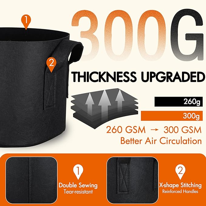 Gardzen 10-Pack 10 Gallon Grow Bags, 300G Thickened Aeration Fabric Pots - Image 3