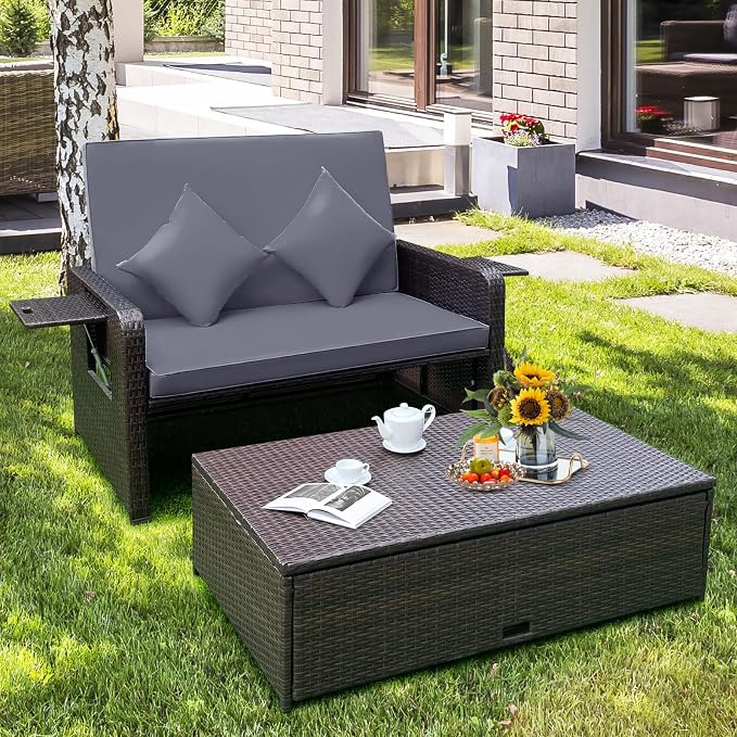 LDAILY Moccha Outdoor Daybed, Wicker Loveseat Sofa Set - Image 2